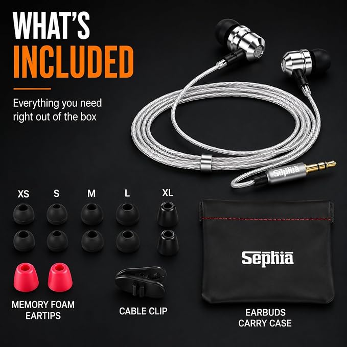 Sephia SP3060 Earbuds Wired in-Ear Headphones | HD Bass Driven Audio, Lightweight Aluminum, S/M/L Ear Bud Tips, Earphone Case, 3.5mm, Tangle-Free Cord, No Mic - Image 5
