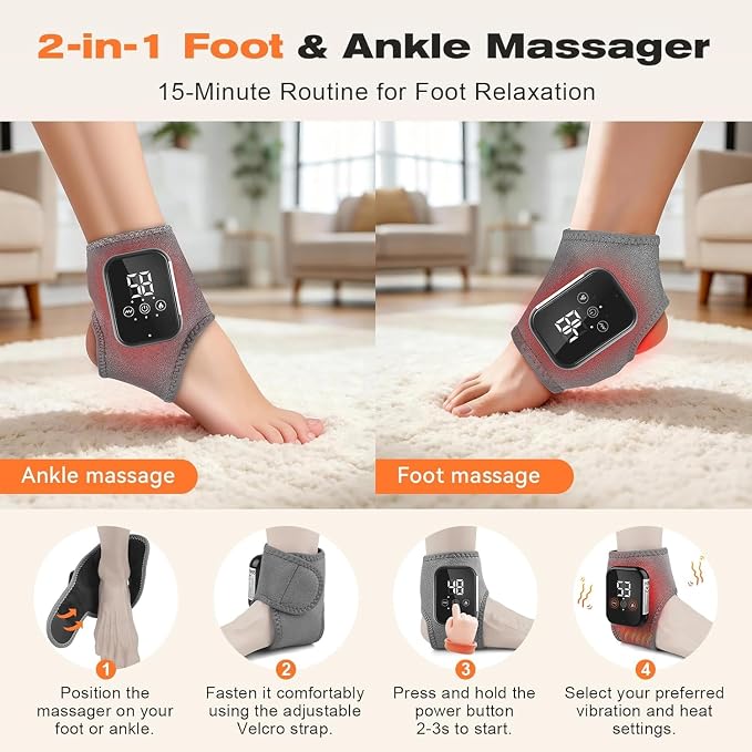 Foot Massager for Neuropathy, 3 Heat & Vibration Levels, Ankle Massager for Heel, Arch & Ankle Relief, Portable for Home or Travel Ideal Gift-Grey - Image 4