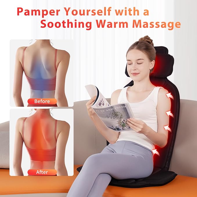Back Massager with Heat, 8-Motor Vibration Chair Massage Pad with Heated Neck Pillow, 5 Modes & 2 Heat Levels, for Office Chair, Sofa and Recliner, Midnight - Image 3