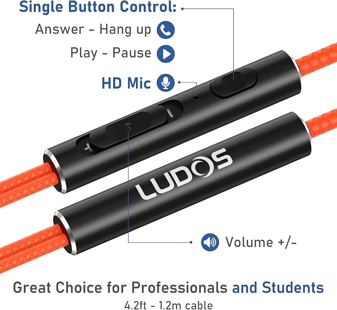 LUDOS Ultra Wired Earbuds in-Ear Headphones, 5 Years Warranty, Earphones with Microphone, Noise Isolating Ear Buds, Memory Foam for iPhone, Samsung, School Students, Kids, Women, Small Ears - Coral - Image 3