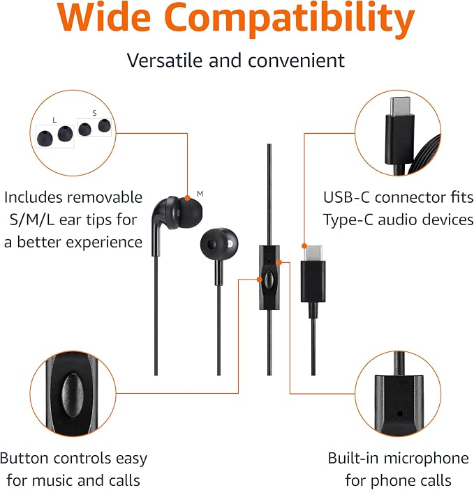 Amazon Basics Wired Earbuds with Microphone, in-Ear Headphones, USB-C, 4.2 ft Cable, S/M/L Ear Tips, Black - Image 2