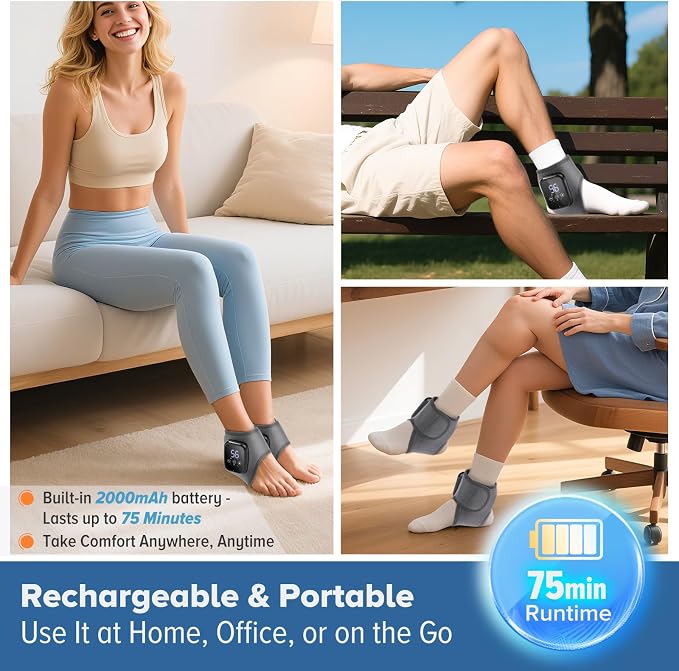 2 Pack Cordless Ankle Massager with Heat, FSA Eligible Heated Foot Massager for Neuropathy, Ankle Heating Pad with Massage, Triple Therapy Ankle Wrap for Plantar Fasciitis, Gray - Image 3