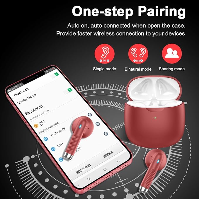 Wireless Earbuds, Bluetooth 5.4 Headphones in Ear with Noise Cancelling Mic, Bluetooth Earbuds Stereo Bass, IP7 Waterproof Sports Earphones, 32H Playtime USB C Charging Ear Buds Red for Android iOS | Bluetooth Earbuds Stereo Bass, IP7 Waterproof Sports... - Image 5
