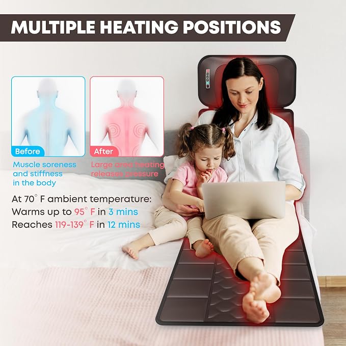 Massage Mat, Detachable Neck Massager, Full Body Vibration Heating, Massage Pad with 10 Vibrating Motors and 9 Speed Settings for Home Office Use, Gift for Men Women Parents,Brown - Image 4