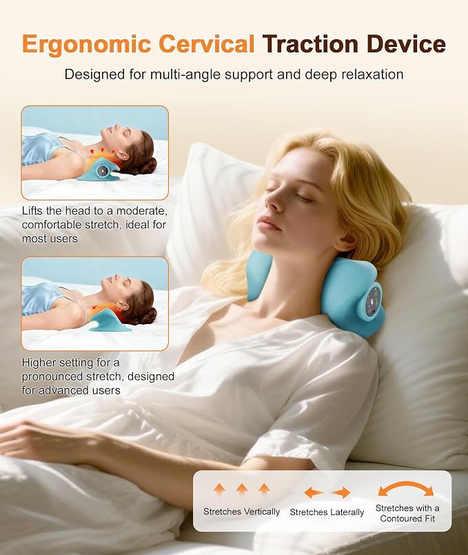 Neck Massager with Heat & Vibration 3 Level Adjustable, Heated Neck Stretcher with 6 Modes, Rechargeable Cervical Traction Device for Pain Relief & Muscle Relaxation, Gift for Women Men - Image 2