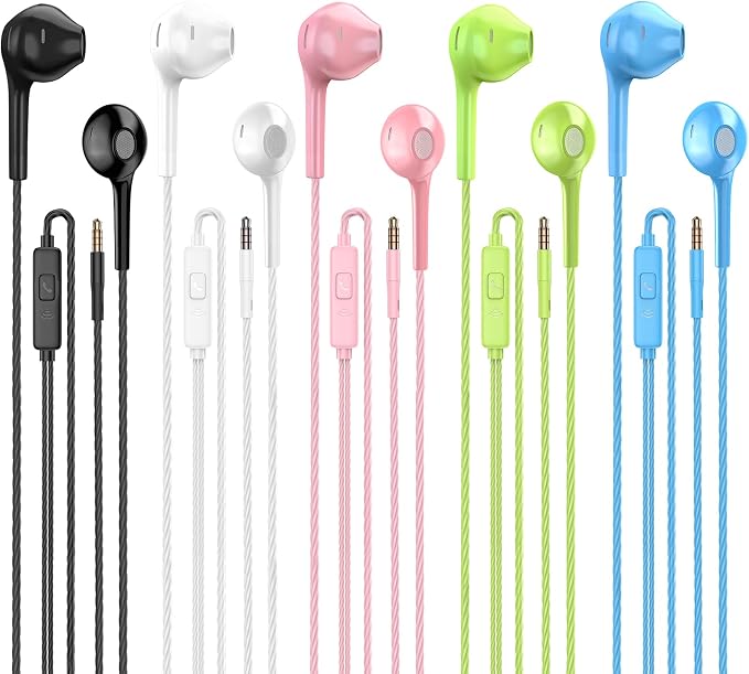 Jogteg Wired Earbuds, 5 Pack 3.5mm Stereo Headphones with Microphone | Heavy bass sound, built-in mic & control buttons, ergonomic semi-in-ear design, tangle-free cord, 5 mixed color pack by Jogteg