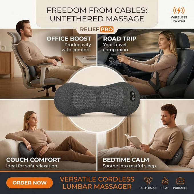 3-in-1 Cordless Lumbar Support Pillow with Heat, Vibration and Traction, Electric Lower Back Massager for Pain Relief Deep Tissue, Decompression Back for Chair, Bed, Car - Image 2