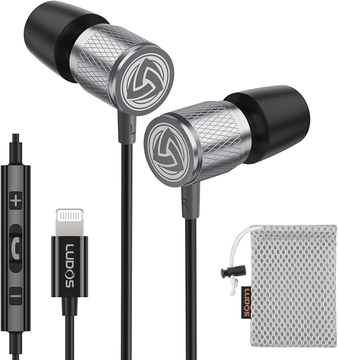 LUDOS Ultra iPhone Wired Headphones Earbuds Earphones with Lightning Connector Apple MFi Certified, 5 Years Warranty, for iPhone 14 13 12 11 Pro Max X XS XR 8 7 Plus with Microphone Control - Grey by Ludos