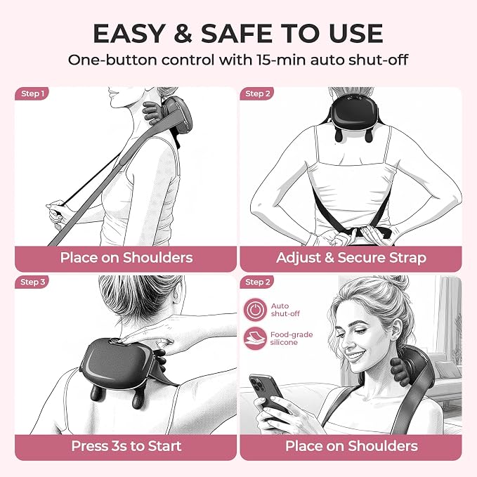 Vinid Bionic Neck and Shoulder Massager with Heat, 4D Kneading Massage, Simulated Human Hand Design for Pain Relief and Muscle Relax, Neck Massager Pillow Ideal for Valentines Gift, Pink - Image 8