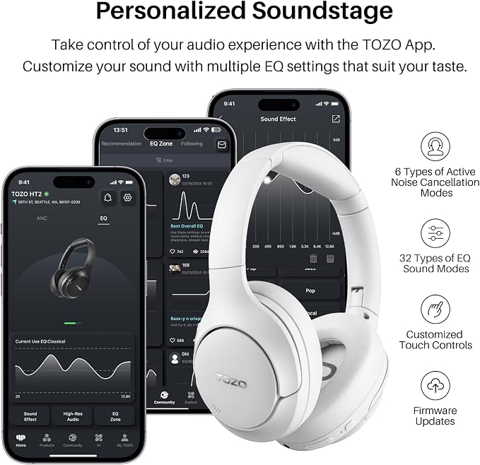 TOZO Hybrid Active Noise Cancelling Headphones, Hi Res Audio | Wireless Over Ear Bluetooth Headset, 60H Playtime, Custom EQ via App Deep Bass Comfort Fit Ear Cups, for Home Office Travel - Image 6