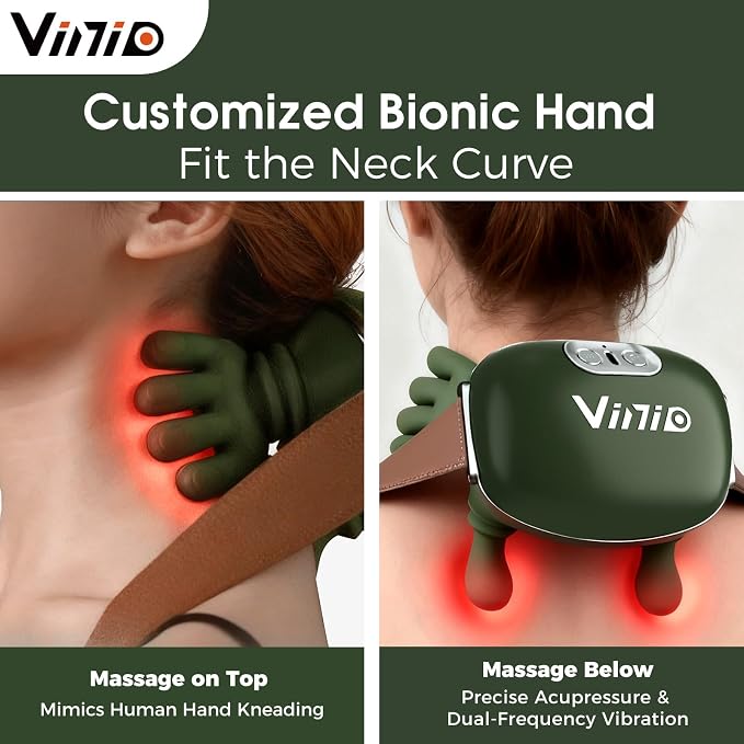 Vinid Bionic Neck and Shoulder Massager with Heat, 4D Kneading Massage, Simulated Human Hand Design for Pain Relief and Muscle Relax, Neck Massager Pillow Ideal for Valentines Gift, Green - Image 3