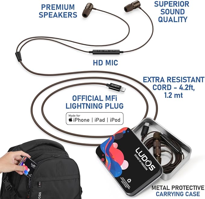 LUDOS Ultra iPhone Wired Headphones Earbuds Earphones with Lightning Connector Apple MFi Certified, 5 Years Warranty, for iPhone 14 13 12 11 Pro Max X XS XR 8 7 Plus with Microphone Control - Brown - Image 2