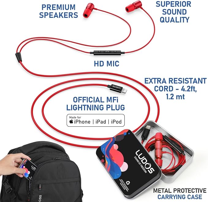 LUDOS Ultra iPhone Wired Headphones Earbuds Earphones with Lightning Connector Apple MFi Certified, 5 Years Warranty, for iPhone 14 13 12 11 Pro Max X XS XR 8 7 Plus with Microphone Control - Red - Image 2
