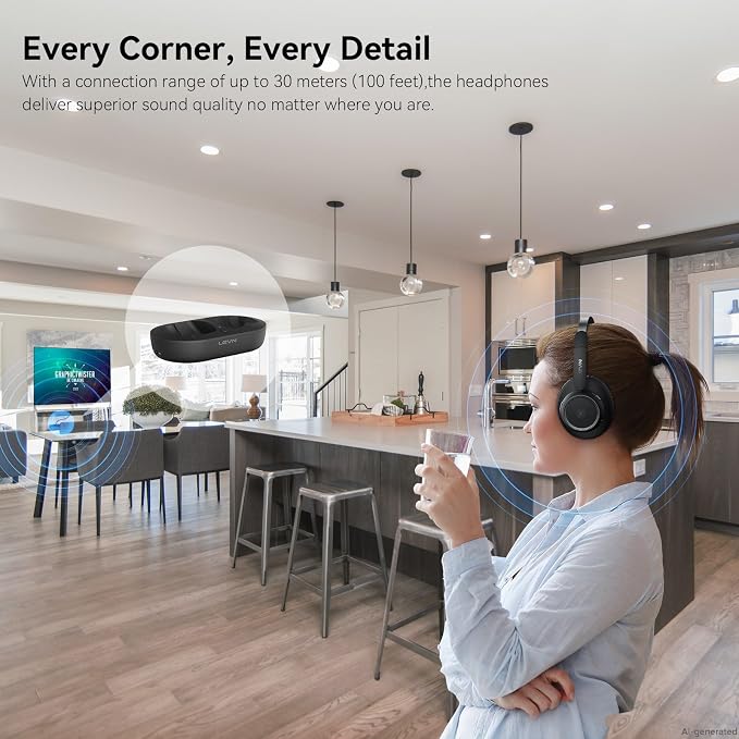 LEVN Wireless Headphones for TV Watching, TV Headphones Wireless for Seniors with Transmitter Charging Base, Hearing-impaired, No Audio Delay Bluetooth 5.2, Plug and Play, Gifts for Elderly - Image 4