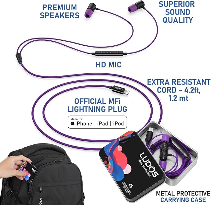 LUDOS Ultra iPhone Wired Headphones Earbuds Earphones with Lightning Connector Apple MFi Certified, 5 Years Warranty, for iPhone 14 13 12 11 Pro Max X XS XR 8 7 Plus with Microphone Control - Purple - Image 2