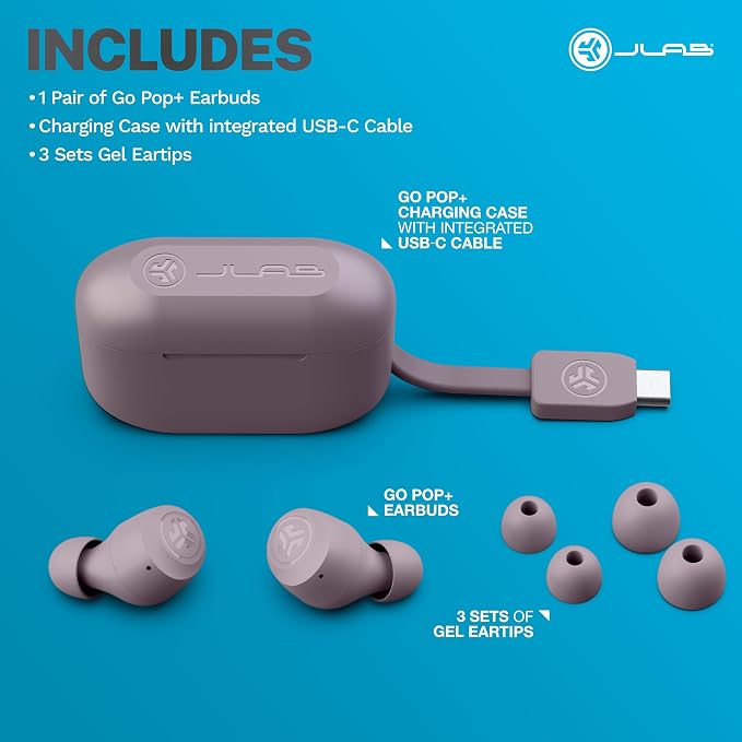 JLab Go Air Pop+, True Wireless Earbuds, Bluetooth Earbuds with Microphone, USB-C Charging Case, Dual Connect, Mauve - Image 7