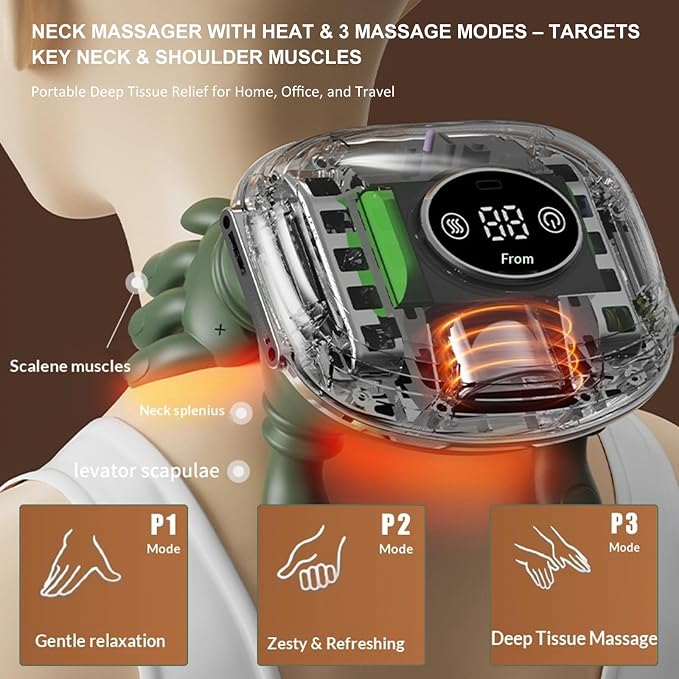 Neck Massager with Heat, Bionic Shiatsu Neck and Shoulder Massager with 4D Kneading Fingers, LCD Display & Adjustable Intensity, Heated Neck Massage Device Simulates Real Palm to Relax Muscle Tension - Image 2