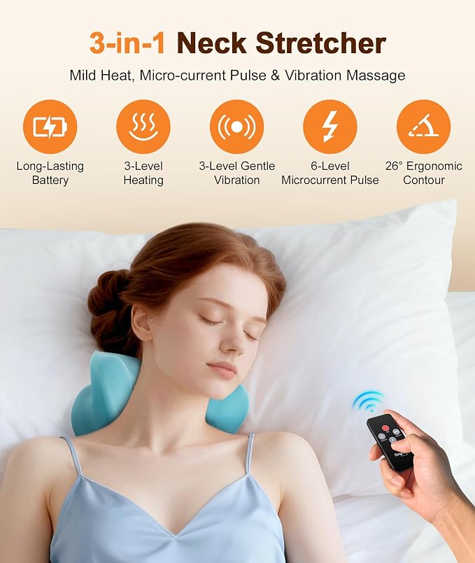 Neck Massager with Heat & Vibration 3 Level Adjustable, Heated Neck Stretcher with 6 Modes, Rechargeable Cervical Traction Device for Pain Relief & Muscle Relaxation, Gift for Women Men - Image 3