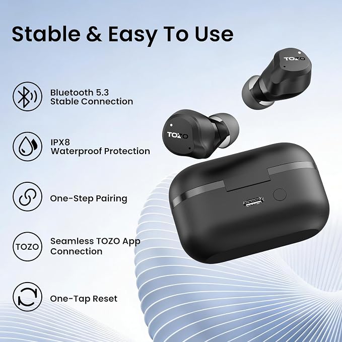 TOZO NC9 Hybrid Active Noise Cancelling Wireless Earbuds, 60H, LED Display | 6 Mic ENC Clear Calls, Deep Bass Sound, IPX8, in Ear Bluetooth 5.3 Headphones,32 EQs via APP, Comfort Fit Ear Buds, Black - Image 9