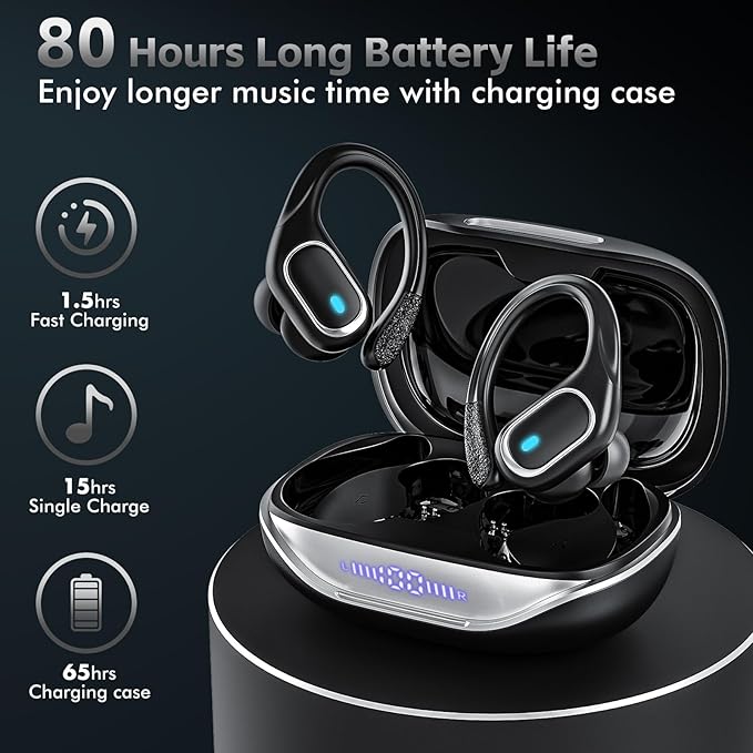HAOYUYAN Wireless Earbuds Bluetooth 5.3 Headphones with 80H Playback, IPX7 Waterproof Over Ear Buds with LED Power Display for Sports Running Workouts Gray Black - Image 2