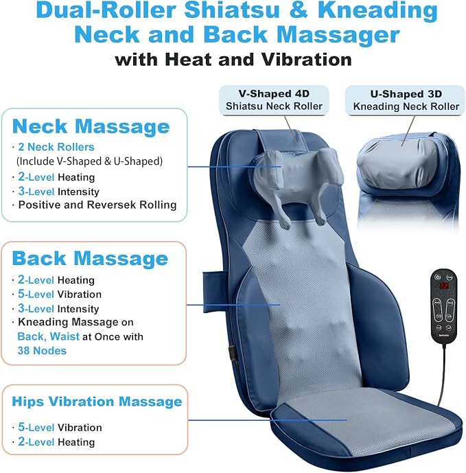 Back Massager for Chair with Dual Neck Modules and Heat, Blue - Image 3