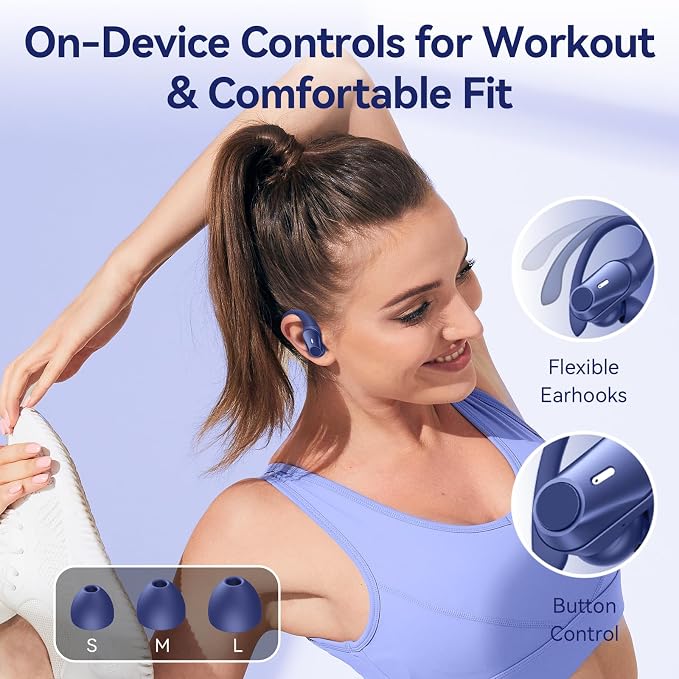 Active Noise Cancelling Ear Buds Wireless Earbuds 80H Playtime Bluetooth Headphones with LED Display Case, Hi-Res Audio Clear Calls Earphones with Over Ear Hooks for Running Gym Workout Travel Blue - Image 9