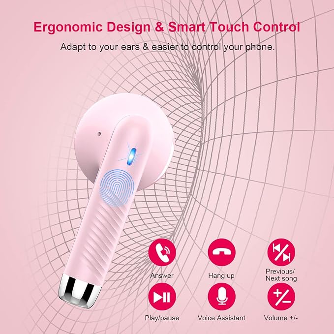 Wireless Earbuds, Bluetooth 5.4 Earbuds Stereo Bass, Bluetooth Headphones | in Ear Noise Cancelling Mic, Wireless Earphones IP7 Waterproof Sports, 32H Playtime Mini USB C Charging Ear Buds Light Pink - Image 6