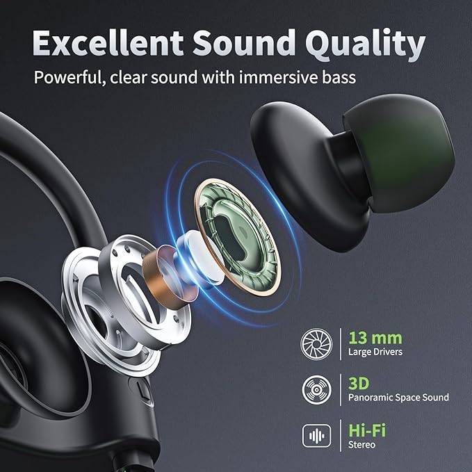 JOYWISE Bluetooth Headphones, Wireless Earbuds IPX7 Waterproof for Gym | Bluetooth 5.3 Headphones with 16Hrs Playtime Stereo Bass Headsets with Mic Running Headsets with Earhooks for Sports Running - Image 5