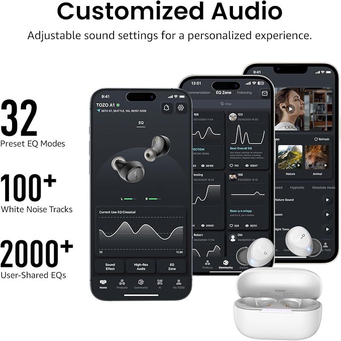 TOZO A1 Wireless Earbuds Bluetooth 5.3 Light Weight in Ear Headphones | IPX5 Waterproof,2 Mics for AI Calls,Immersive Premium Sound Bass Headset with Charging Case,32 EQ via App Matte White - Image 8