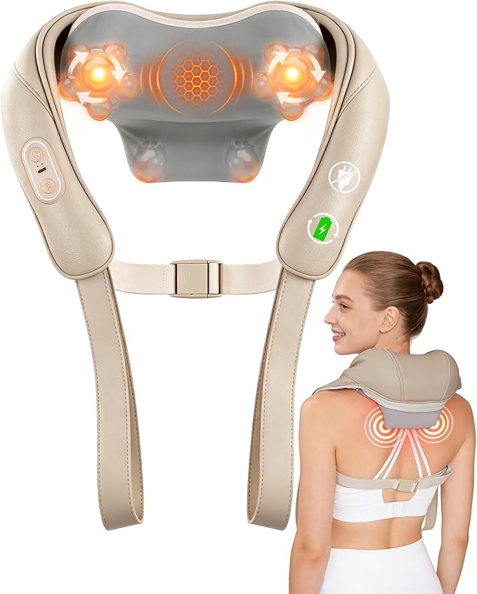 Neck Massager with Heat Cordless: Shiatsu Back Shoulder Massage Tools for Pain Relief Deep Tissue Electric 4D Kneading for Muscle Remedy Lymphatic Drainage Gifts for Men Women Mom Dad (Brown) by Unknown