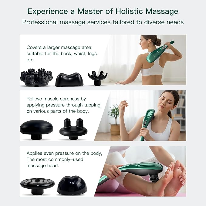MEGAWISE Cordless Handheld Back Massager w/Rechargeable 3200mAh Battery, 5 Speed and 5 +2 Massage Nodes with Hard, Medium and 2 Soft Silicone Nodes; Massage While Moving Around (Dark Green) - Image 7