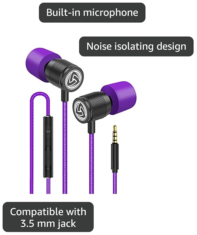 LUDOS Ultra Wired Earbuds in-Ear Headphones, 5 Years Warranty, Earphones with Microphone, Noise Isolating Ear Buds, Memory Foam for iPhone, Samsung, School Students, Kids, Women, Small Ears - Purple - Image 3