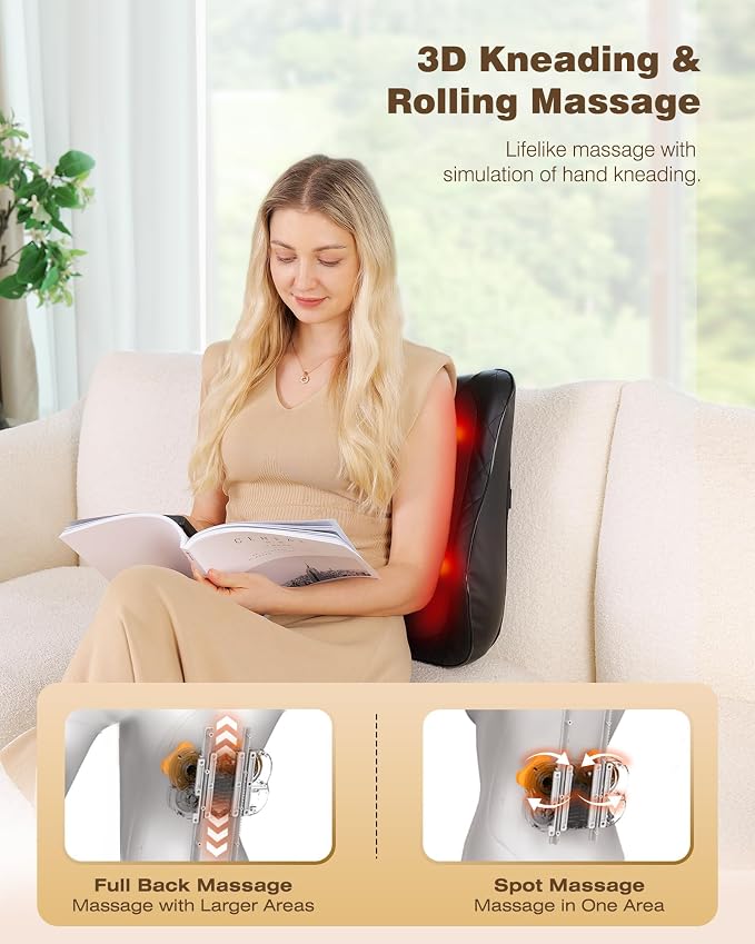 KINGJOY Back Massager for Pain Relief Deep Tissue, Full Back Massager with Heat, 3D Kneading Massage Pillow with 3 Intensities for Back, Neck, Shoulder, Spot Massage, Gifts for Women Man - Image 2