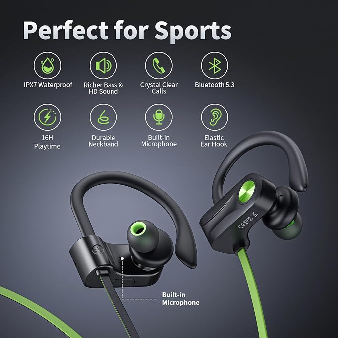 JOYWISE Bluetooth Headphones, Wireless Earbuds IPX7 Waterproof for Gym | Bluetooth 5.3 Headphones with 16Hrs Playtime Stereo Bass Headsets with Mic Running Headsets with Earhooks for Sports Running - Image 2