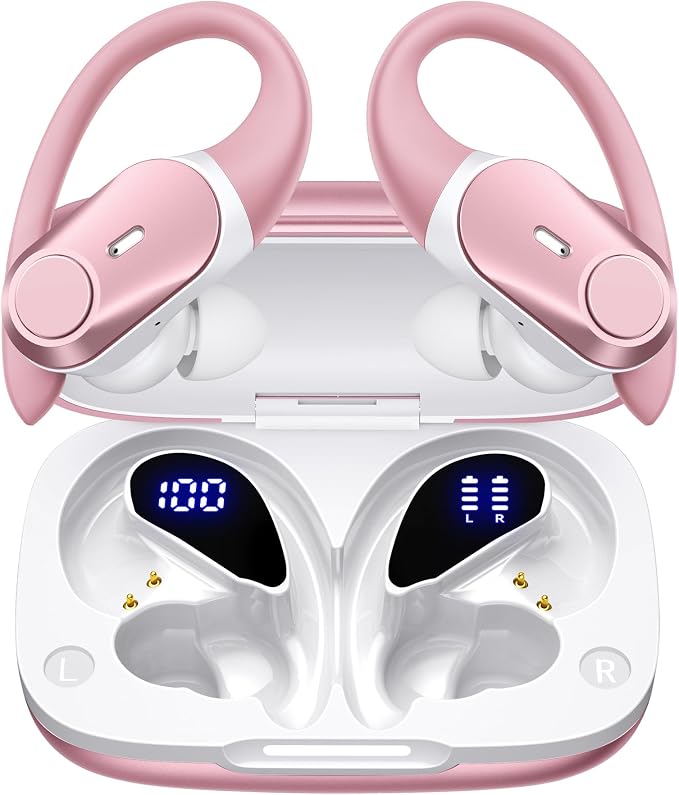 Active Noise Cancelling Ear Buds Wireless Earbuds 80H Playtime Bluetooth Headphones with LED Display Case, Hi-Res Audio Clear Calls Earphones with Over Ear Hooks for Running Gym Workout Rose Gold by GOLREXWIRELESSEARBUDS