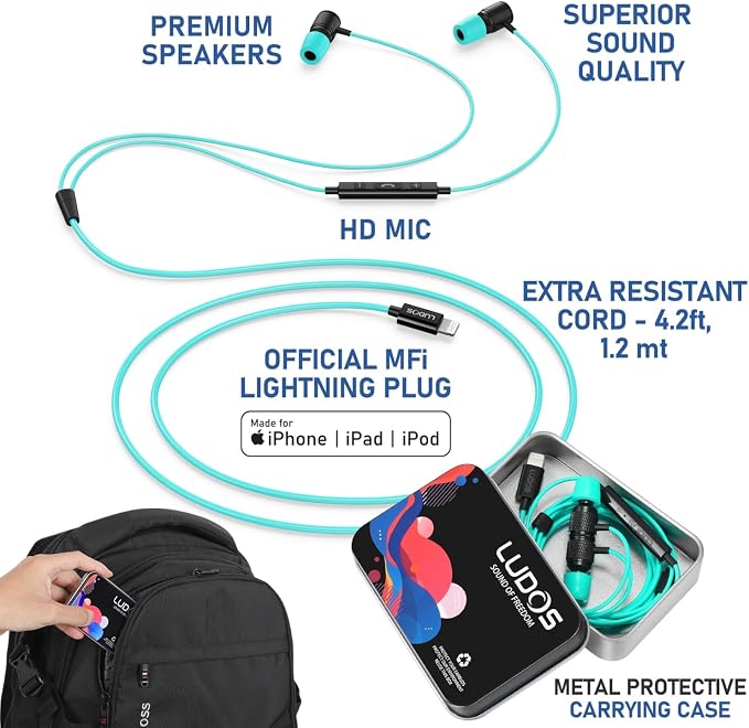 LUDOS Ultra iPhone Wired Headphones Earbuds Earphones with Lightning Connector Apple MFi Certified, 5 Years Warranty, for iPhone 14 13 12 11 Pro Max X XS XR 8 7 Plus with Microphone - Turquoise - Image 2