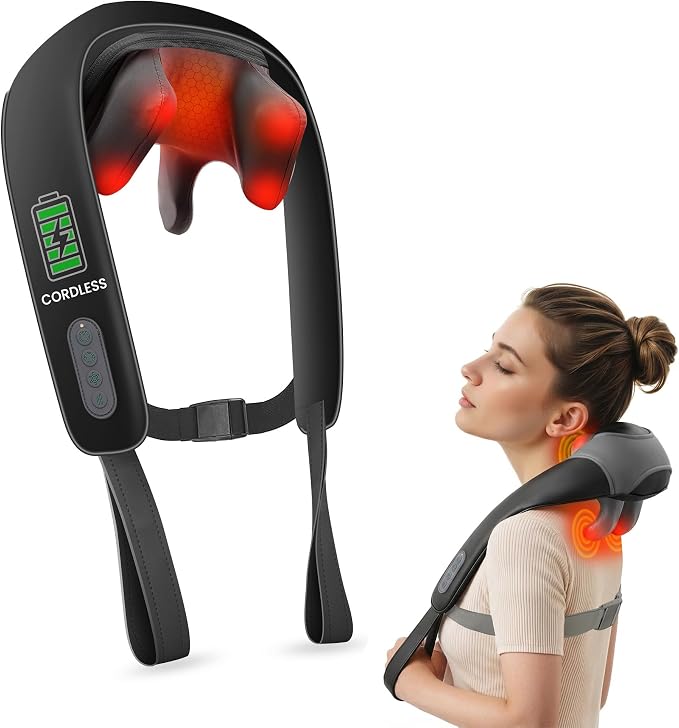 Cordless 4D Shiatsu Neck & Shoulder Massager with Heat, Home Office Travel by Snailax