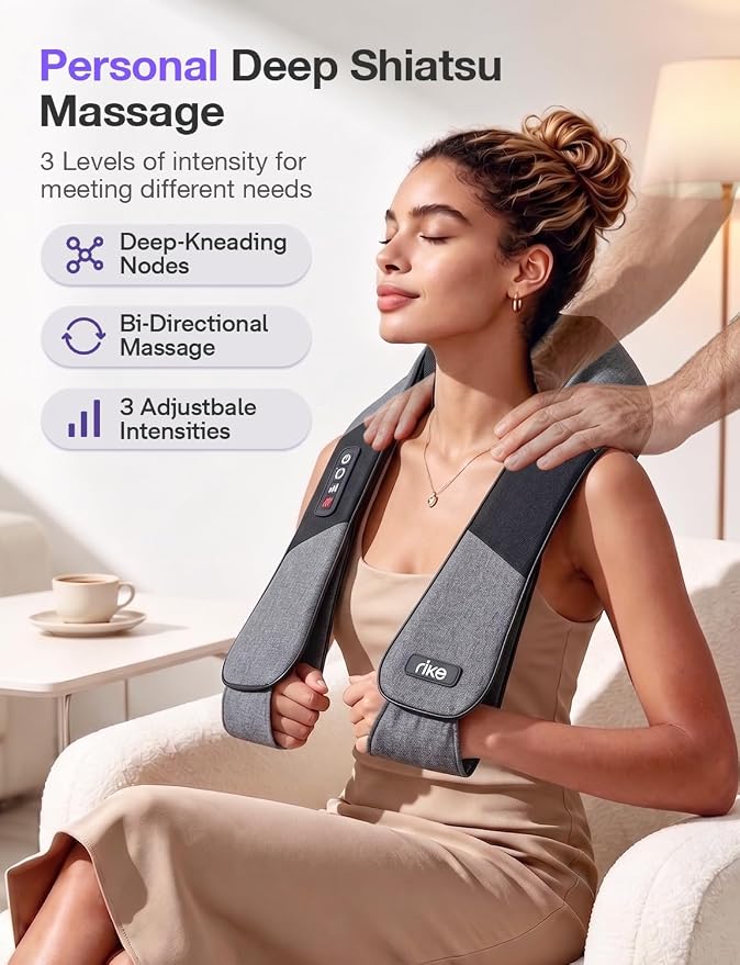 RIKE Shiatsu Neck Massager with Heat, Corded Linen Fabric Deep Tissue Back Massager for Neck and Shoulders, Electric Kneading Massager for Muscle Relief, Gift for Mom Dad Home Office Car - Image 2
