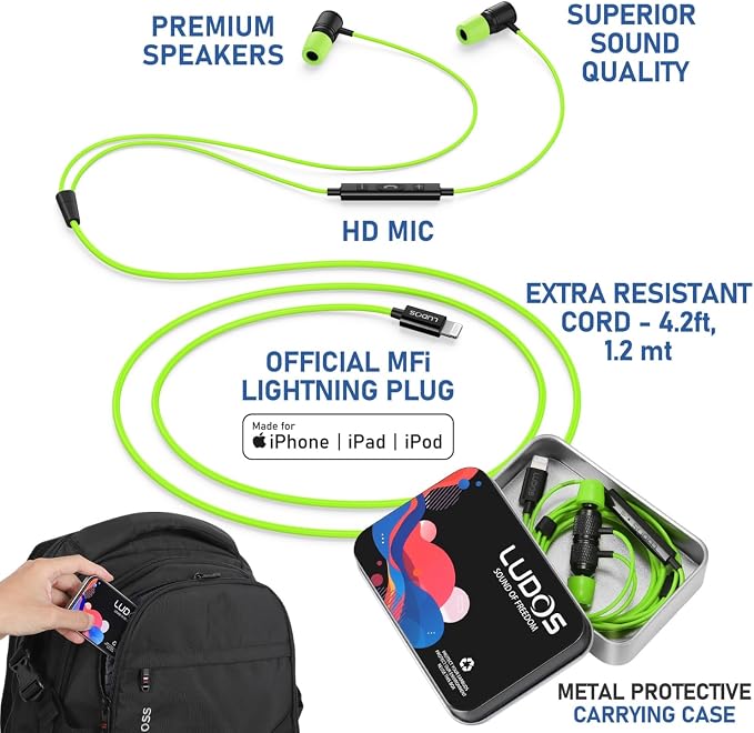 LUDOS Ultra iPhone Wired Headphones Earbuds Earphones with Lightning Connector Apple MFi Certified, 5 Years Warranty, for iPhone 14 13 12 11 Pro Max X XS XR 8 7 Plus with Microphone Control - Green - Image 2