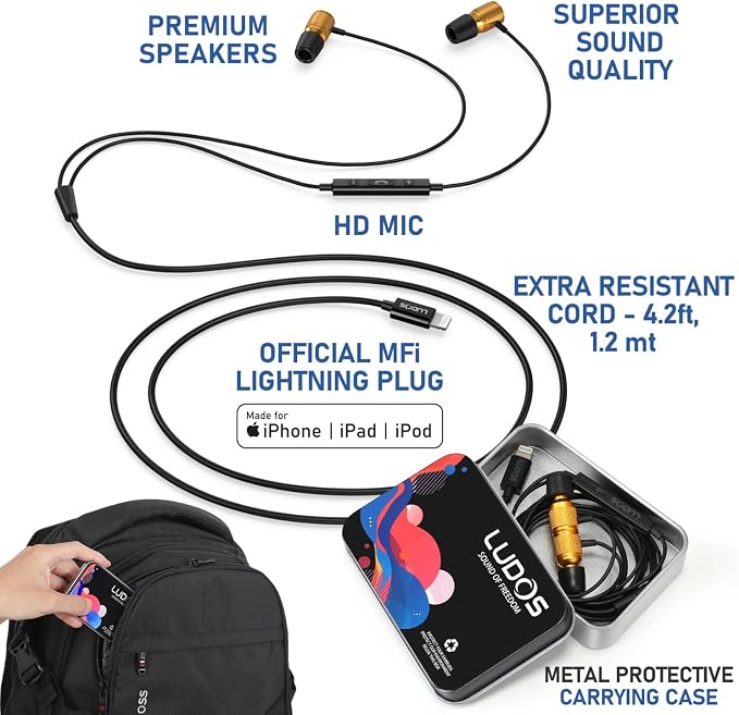 LUDOS Ultra iPhone Wired Headphones Earbuds Earphones with Lightning Connector Apple MFi Certified, 5 Years Warranty, for iPhone 14 13 12 11 Pro Max X XS XR 8 7 Plus with Microphone Control - Gold - Image 2