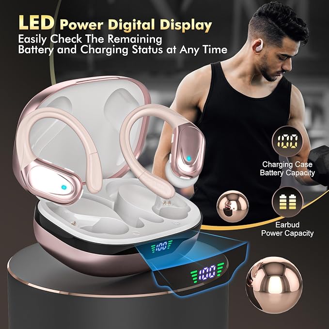 HAOYUYAN Sports Bluetooth Headphones, 80Hrs Playtime Wireless Earbuds with LED Power Display, IPX7 Waterproof Earphones for Workout/Running, Noise Canceling Headset Ear Buds - Image 7