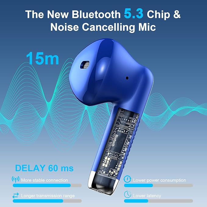 Wireless Earbuds, Bluetooth 5.4 Earbuds Stereo Bass, Bluetooth Headphones | in Ear Noise Cancelling Mic, Earphones IP7 Waterproof Sports, 32H Playtime USB C Charging Case Blue Ear Buds for Android iOS - Image 2