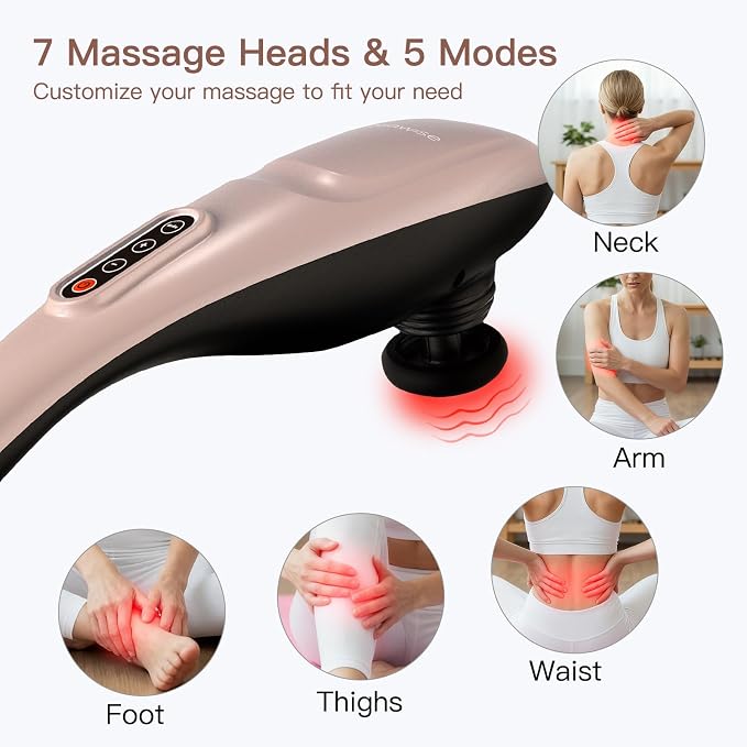 MEGAWISE Cordless Handheld Back Massager w/Rechargeable 3200mAh Battery, 5 Speed and 5 +2 Massage Nodes with Hard, Medium and 2 Soft Silicone Nodes; Massage While Moving Around (Rose Gold) - Image 3