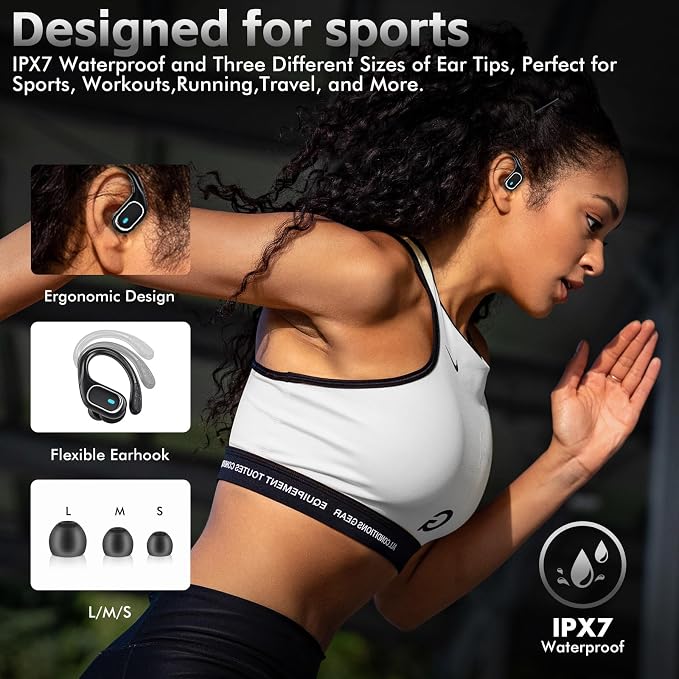 HAOYUYAN Wireless Earbuds Bluetooth 5.3 Headphones with 80H Playback, IPX7 Waterproof Over Ear Buds with LED Power Display for Sports Running Workouts Gray Black - Image 5