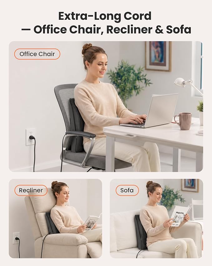 COMFIER Back Massager with Heat and Vibration, Shiatsu Neck and Back Massager for Chair, 8-Node Deep Tissue Massage Pillow with Adjustable Flap, 3 Intensities for Lower Back, Office Chair, Sofa - Image 6