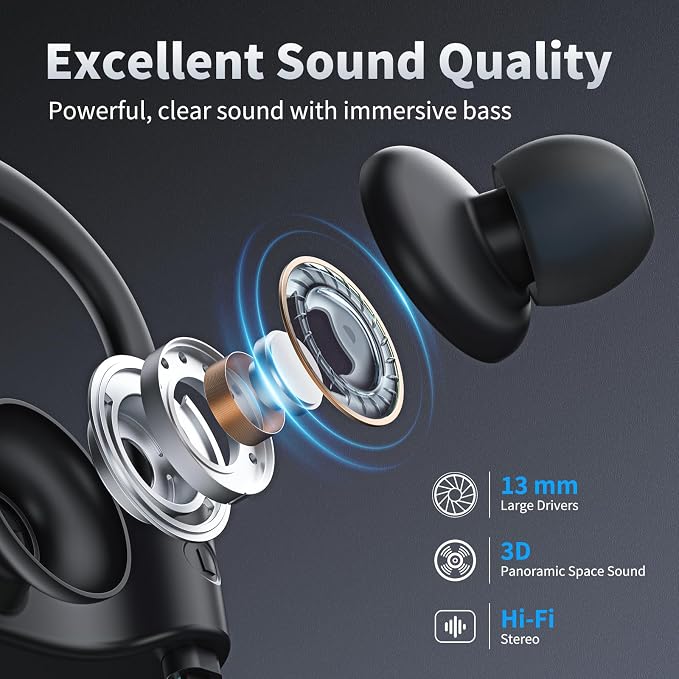 JOYWISE Wireless Headphones Bluetooth 5.3 Headphones with 16 Hours Playtime, Over-Ear Stereo Bass Earphones with Earhooks Headset, Sports Earbuds with Storage Bag for Running, Blue - Image 4