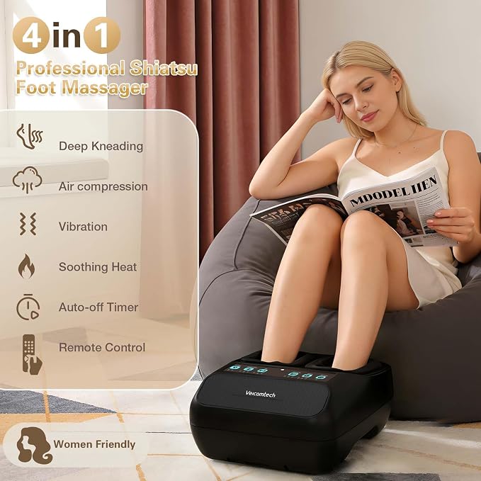 veicomtech Shiatsu Foot Massager with Heat, Electric Foot Massager Machine for Plantar Fasciitis Neuropathy with Remote Control, Adjustable Vibration and Compression (Black) - Image 2