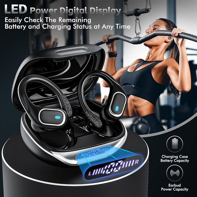 HAOYUYAN Wireless Earbuds Bluetooth 5.3 Headphones with 80H Playback, IPX7 Waterproof Over Ear Buds with LED Power Display for Sports Running Workouts Gray Black - Image 7