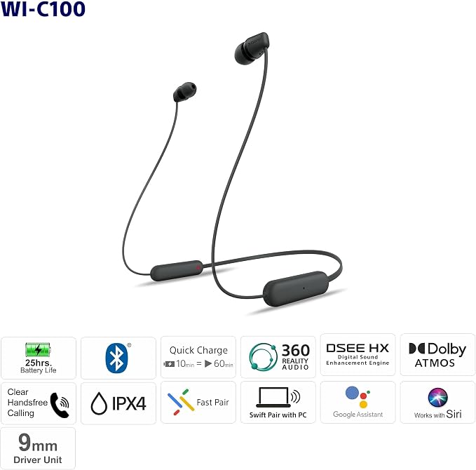 Sony WI-C100 Wireless in-Ear Bluetooth Headphones with Built-in Microphone,Black,(Pack of 2) - Image 9
