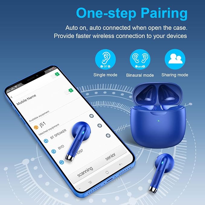 Wireless Earbuds, Bluetooth 5.4 Earbuds Stereo Bass, Bluetooth Headphones | in Ear Noise Cancelling Mic, Earphones IP7 Waterproof Sports, 32H Playtime USB C Charging Case Blue Ear Buds for Android iOS - Image 5